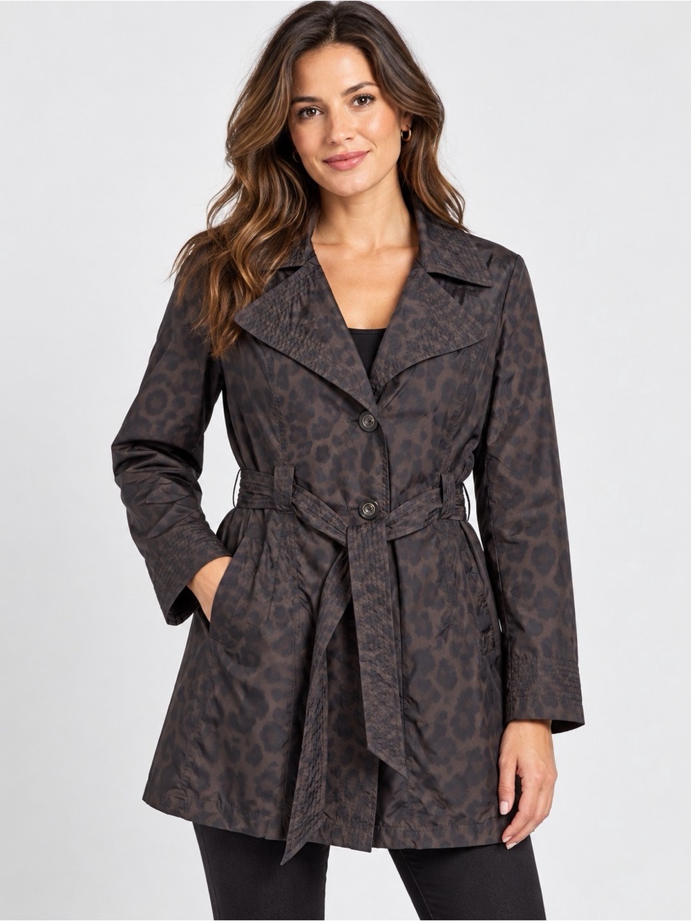 Dana Buchman Dark Brown Leopard-Print Belted Trench